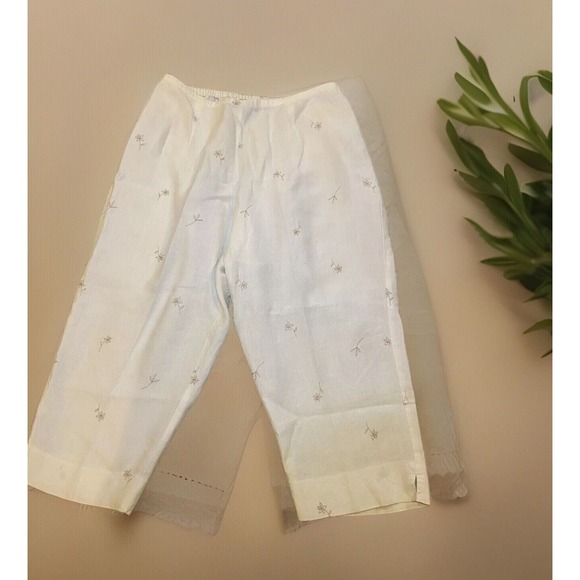 Norton McNaughton Pants - Maggie McNaughton Linen Embroidered, Crop Pants Sz 1X Beige, 1/2 Elastic Waist‎
